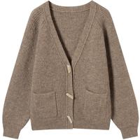 对白灰色慵懒随性V领针织开衫女2024冬季牛角扣宽松毛衣外套 咖啡色 M