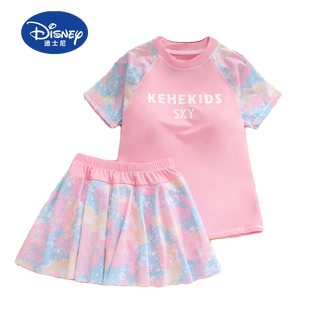迪士尼（Disney）夏季儿童泳衣女童温泉套装迷彩保守运动分体大童游泳装二件套 粉红色 上衣+短裤 两件套 150 身高