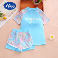迪士尼（Disney）夏季儿童泳衣女童温泉套装迷彩保守运动分体大童游泳装二件套 粉红色 上衣+短裤+泳帽+泳镜 四 150 身高