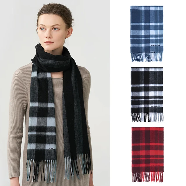 玛丽亚·古琦（MARJA KURKI）羊绒围巾女士冬季 羊毛格纹围脖女保暖披肩围巾 男女通用礼盒装 蓝色