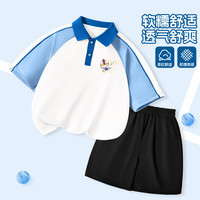 奥特曼儿童夏季POLO套2025休闲插肩袖上衣+速干运动百搭短裤 U飞踢K蓝白+纯色黑色 120