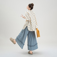 蓝色宽松慵懒风波点短袖衬衫女夏季小个子木耳花边阔腿裤套装