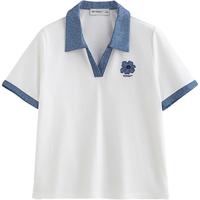 初语撞色牛仔拼接polo领t恤女2025夏季索罗娜凉感抑菌上衣 米白色 L