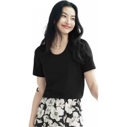 伊芙丽 索罗纳面料简约基础款U领T恤女2025春装百搭多色短袖 黑色 U领发 S 95-105斤