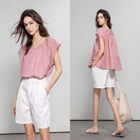 德玛纳 dme松弛亚麻圆领衬衫女2025夏季宽松舒适松弛短袖衬衣小衫 XL