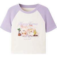 乐町Honey Kuma联名2024夏季多巴胺紫色插肩袖小版T恤女 紫色 M