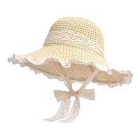 蝴蝶少女大檐夏天透气蕾丝花边渔夫帽女薄款防晒遮阳帽可折叠圆顶太阳帽6 蕾丝边渔夫帽（米色）