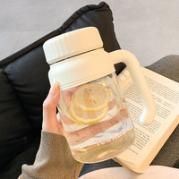 康妮雅简约大容量水杯透明高硼硅玻璃杯女高颜值泡茶杯子带把 白色低网 1000ml