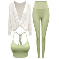 暴走的小鹿 高级感瑜伽服套装女2023长袖罩衫上衣专业高端春夏秋服 白罩衫+绿文胸+绿长裤 L
