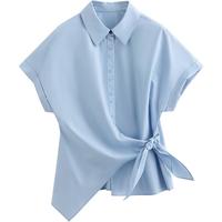 初语法式设计感绑带收腰衬衫女2025夏季翻袖凉感莱赛尔上衣 天蓝色 M