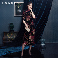 Londee/龙笛新中式牡丹花丝绒连衣裙复古气质改良旗袍2T26676