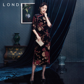 Londee/龙笛新中式牡丹花丝绒连衣裙复古气质改良旗袍2T26676