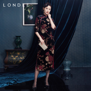 Londee/龙笛新中式牡丹花丝绒连衣裙复古气质改良旗袍2T26676