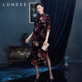 Londee/龙笛新中式牡丹花丝绒连衣裙复古气质改良旗袍2T26676