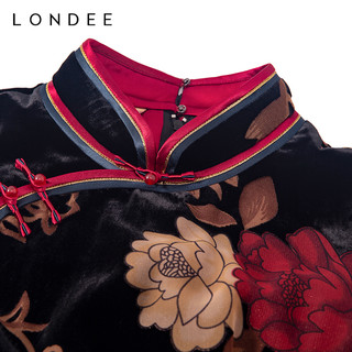 Londee/龙笛新中式牡丹花丝绒连衣裙复古气质改良旗袍2T26676
