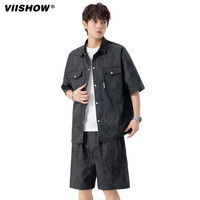 viishow美式扎染工装衬衫男士夏季短袖衬衣薄款潮流翻领休闲衬衣