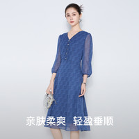 马天奴2025夏蓝色印花雪纺连衣裙V领花边收腰时尚