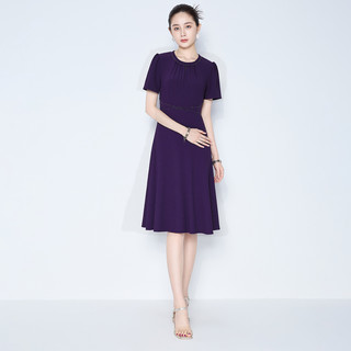 马天奴2025夏季紫色钉珠圆领雪纺连衣裙子短袖收腰时尚气质女 44/2XL