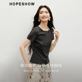 红袖修身正肩T恤2025夏季女装显瘦气质串珠领口独特漂亮掐腰上衣 灰060 S
