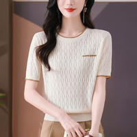 歌米拉 薄款冰丝短袖T恤女2025新款夏装潮流镂空宽松遮肚显瘦针织衫上衣