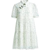 红袖奥莱夏季新款女装国风印花织带边撞色立领连衣裙