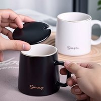 CLITON陶瓷马克杯大容量带勺盖咖啡杯牛奶杯早餐杯办公杯茶杯黑色