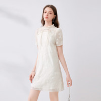 秋水伊人蕾丝绣花新中式连衣裙夏季女国风优雅小个子裙子 米色 S