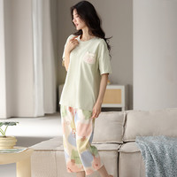 芬腾睡衣【100%纯棉】2025夏季猫咪薄款短袖少女外穿家居服套装 浅绿 M