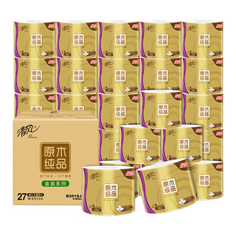 移动端、京东百亿补贴：清风 原木金装 卷纸 4层180g27卷