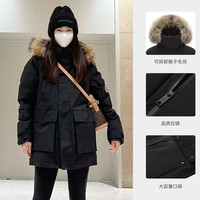 骆驼 户外极寒派克工装毛领款羽绒服保暖加厚中长款外套 幻影黑,女036B S