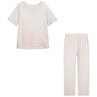 爱慕花之秘境睡衣女夏含真丝防螨短袖套头长裤套装家居服AM469541