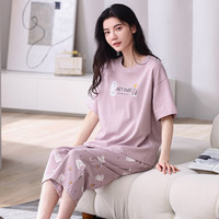 芬腾女士睡衣夏季纯棉短袖圆领套装女款休闲透气大码可外穿家居服 X98424833浅紫 2XL （145-160斤）