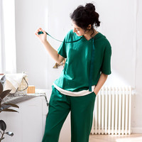 芬腾夏季睡衣家居服套装纯棉短袖连帽七分裤可外穿休闲居家服 墨绿套装 M