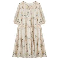 香影(xiangying)碎花连衣裙女2025年夏季系带木耳边仙气海边飘逸宽松裙子 米色 L