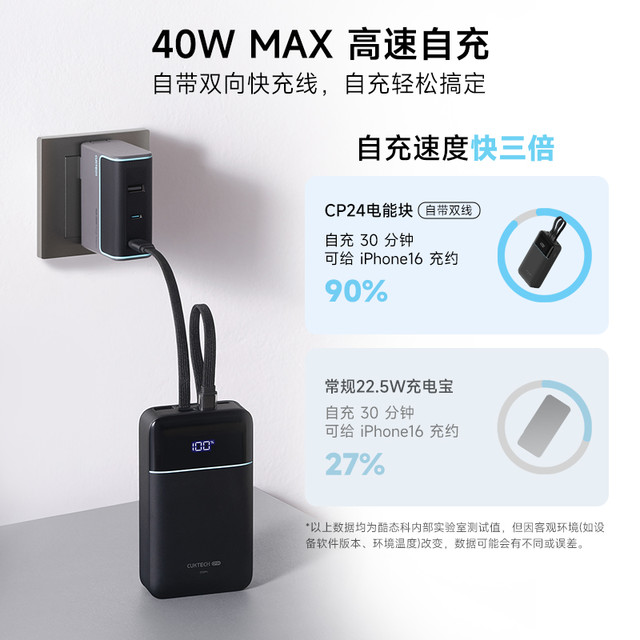 3C认证充电宝：酷态科 CP24电能块自带lightning线MFi认证移动电源20000毫安 40w砚黑