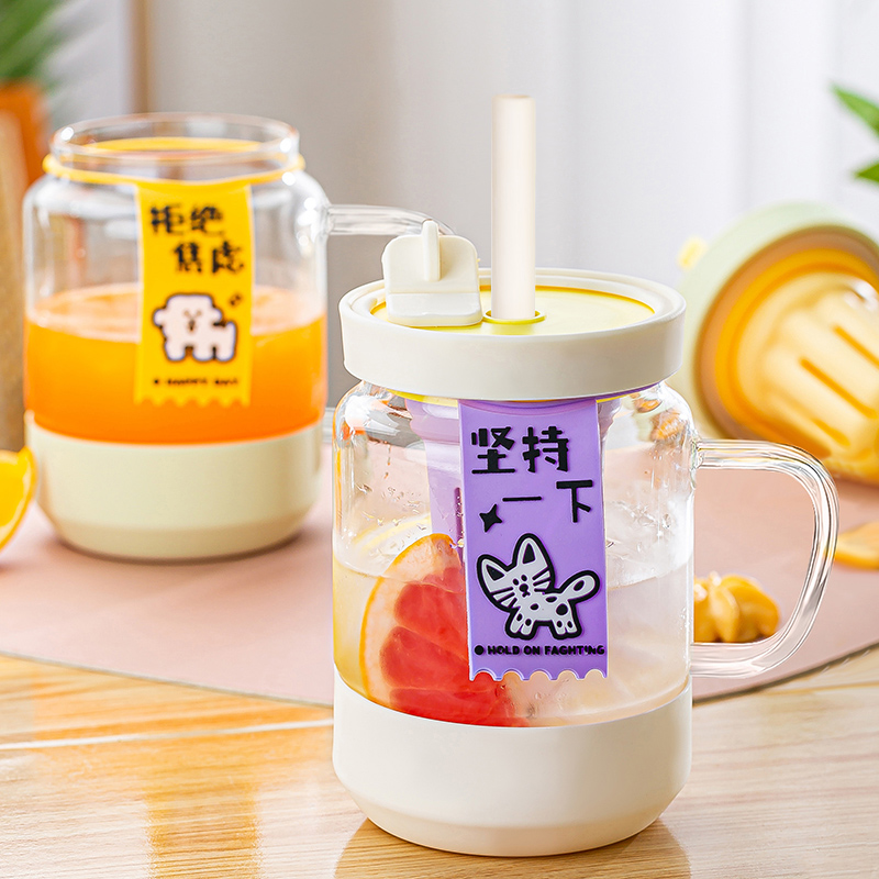 彩界ins风玻璃杯吸管杯女高颜值办公室大容量带盖咖啡杯