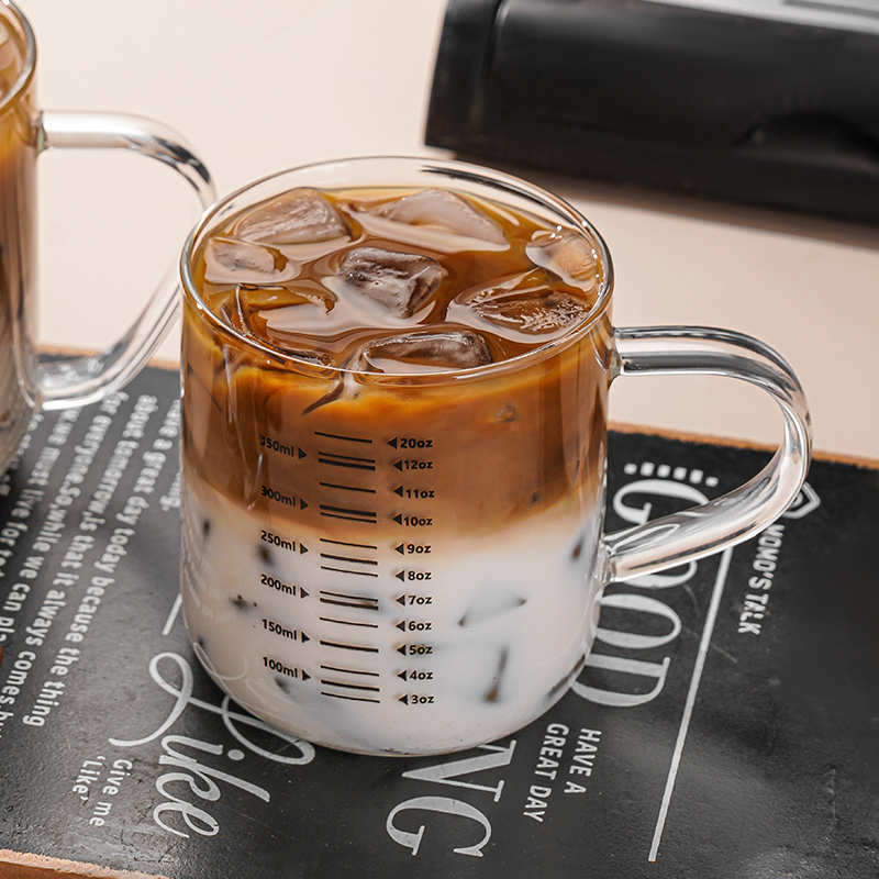 彩界玻璃咖啡杯带刻度家用早餐杯耐高温带把手泡茶杯喝水杯马克杯