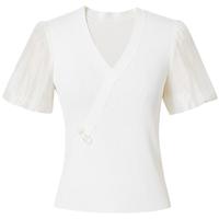 红袖奥莱夏季女装新中式盘扣交叉V领套头针织衫 本白001 S