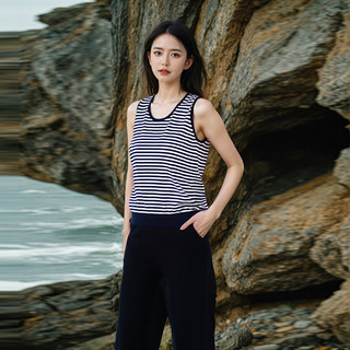 东黎海岛棉 女士春夏针织圆领条纹无袖百搭夏季休闲套头背心4657