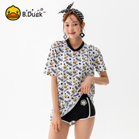 小黄鸭 B.Duck分体泳衣女显瘦遮肚保守长袖防晒微胖速干专业游泳衣 L 蓝/白4023
