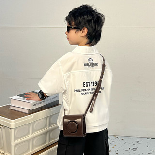 大嘴猴（paul frank）童装夏季衬衫2025款休闲男孩纯色衬衣中大童帅气潮流七分袖上衣 193B白色 130