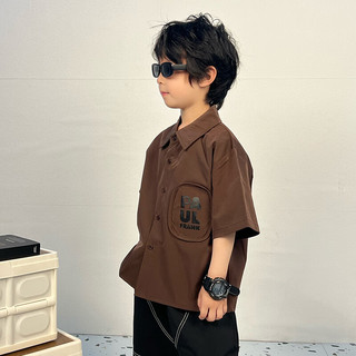 大嘴猴（paul frank）童装夏季衬衫2025款休闲男孩纯色衬衣中大童帅气潮流七分袖上衣 407B咖啡 150