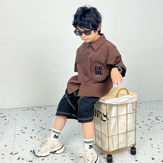 大嘴猴（paul frank）童装夏季衬衫2025款休闲男孩纯色衬衣中大童帅气潮流七分袖上衣 407B咖啡 150