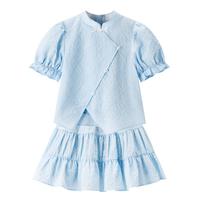MiniPeace太平鸟童装女童新中式套装2024夏装国风短袖短裙两件套 蓝色 130cm