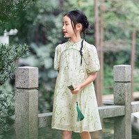 茵曼童装女童国风改良旗袍裙25夏款连衣裙水波纹印花中式盘扣裙 淡绿色（宝宝款） 120