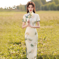 凯恋新中式改良旗袍少女款民国风素雅印花气质优雅短袖长款连衣裙P119 白色 M