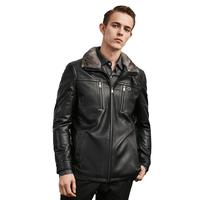 兽王皮毛一体真皮皮衣男士牛皮海宁皮草外套冬季加绒加厚翻领短款上衣 黑色 48(170/M)