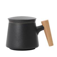 iChoice 创意木柄陶瓷泡茶杯带茶隔带盖过滤茶杯茶水分离杯子花茶杯办公杯 磨砂黑
