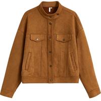 茵曼复古麂皮绒外套秋女装通勤休闲百搭立领宽松落肩袖上衣 浅杏色 L