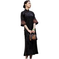 玺玥玺玥中国风40姆米香云纱古法旗袍长款连衣裙古典禅意女 黑色 XL